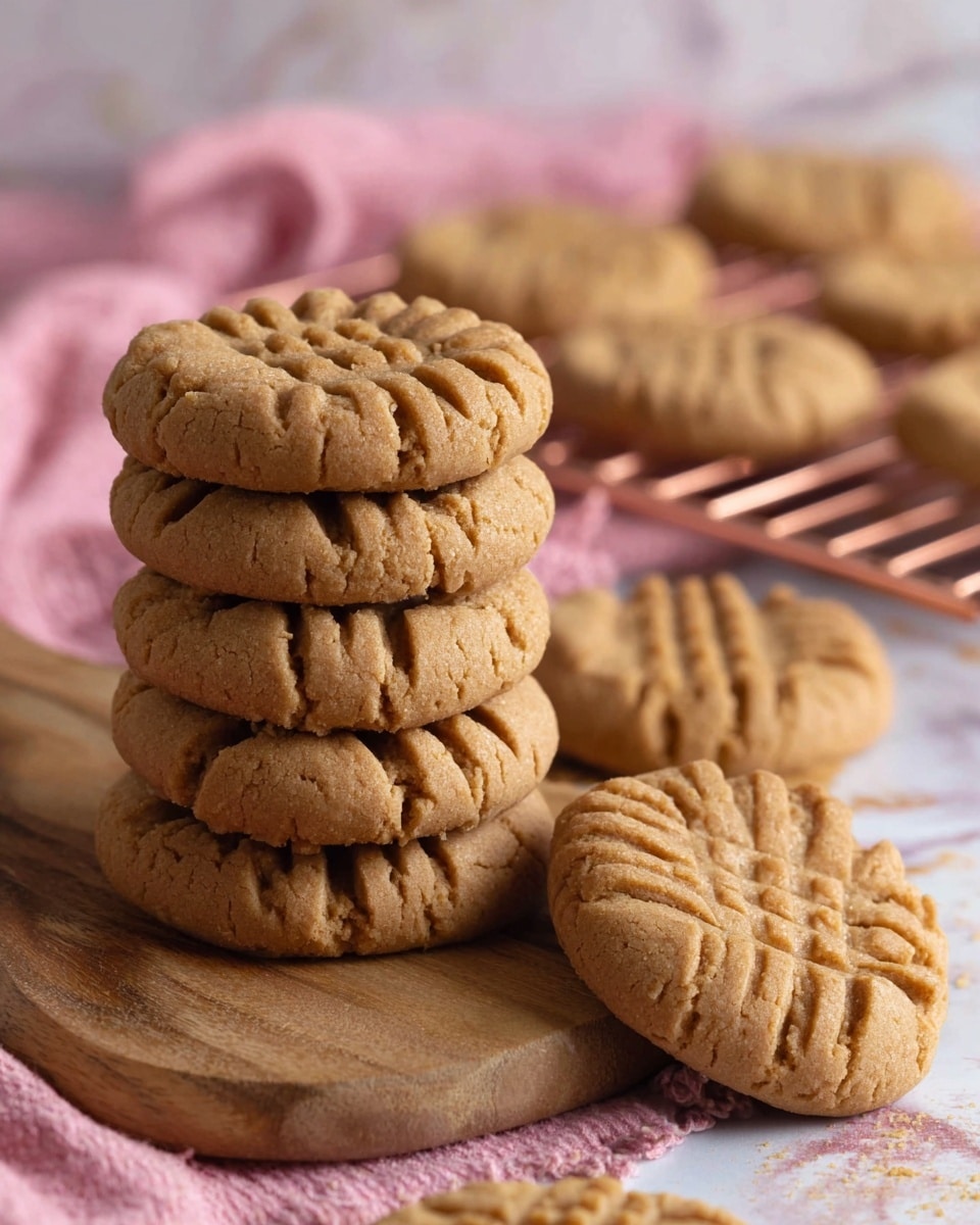 Peanut Butter Cookies | Irresistibly Soft & Chewy Treats 1 A stack of three round, light brown peanut butter cookies with visible fork marks creating a pattern on top, resting on a white marbled surface. The cookies look soft and slightly cracked with a rough texture. To the right, there is a clear glass filled halfway with white milk. In the background, a soft, beige and white striped cloth is partially visible alongside a white tray holding more cookies. The scene is softly lit, highlighting the warm tones of the cookies and the smooth milk. Photo taken with an iphone --ar 4:5 --v 7