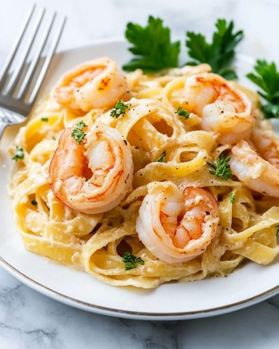 A white plate with a bumpy edge holds a serving of light cream-colored fettuccine pasta mixed with several pinkish-orange cooked shrimp scattered on top and inside the pasta. The shrimp have a slightly firm texture with curled tails. There are small bright green parsley leaves placed on the pasta, adding color contrast. The dish is placed on a white marbled surface. Beside the plate, there is a shiny silver fork and spoon set, angled toward the bottom right corner. The photo taken with an iphone --ar 4:5 --v 6.1