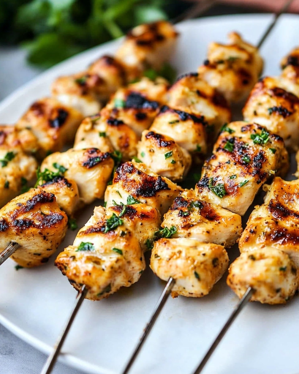 Grilled chicken skewers are arranged closely on a white plate placed on a white marbled surface. Each skewer has pieces of chicken that are pale beige to golden brown with charred marks showing a grilled texture. The chicken pieces are coated lightly with herbs, with small green flecks scattered over them and the plate. The chicken looks juicy and tender, with some pieces showing crispy edges. Photo taken with an iphone --ar 4:5 --v 6.1