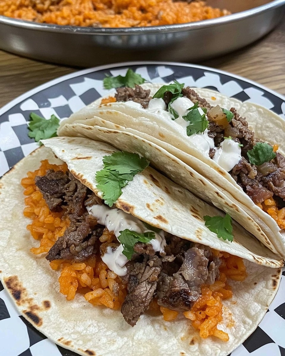 Two soft white tortillas lie on a white plate with a black and white checkered pattern. One tortilla is open, showing layers of orange rice at the bottom, brown grilled beef strips on top, drizzled with white sauce and dark red sauce, and sprinkled with green cilantro leaves. The second tortilla is partially folded, revealing similar layers of rice, beef, and cilantro inside. In the background, there is a metal bowl with more rice and beef, resting on a white marbled surface. Photo taken with an iphone --ar 4:5 --v 6.1