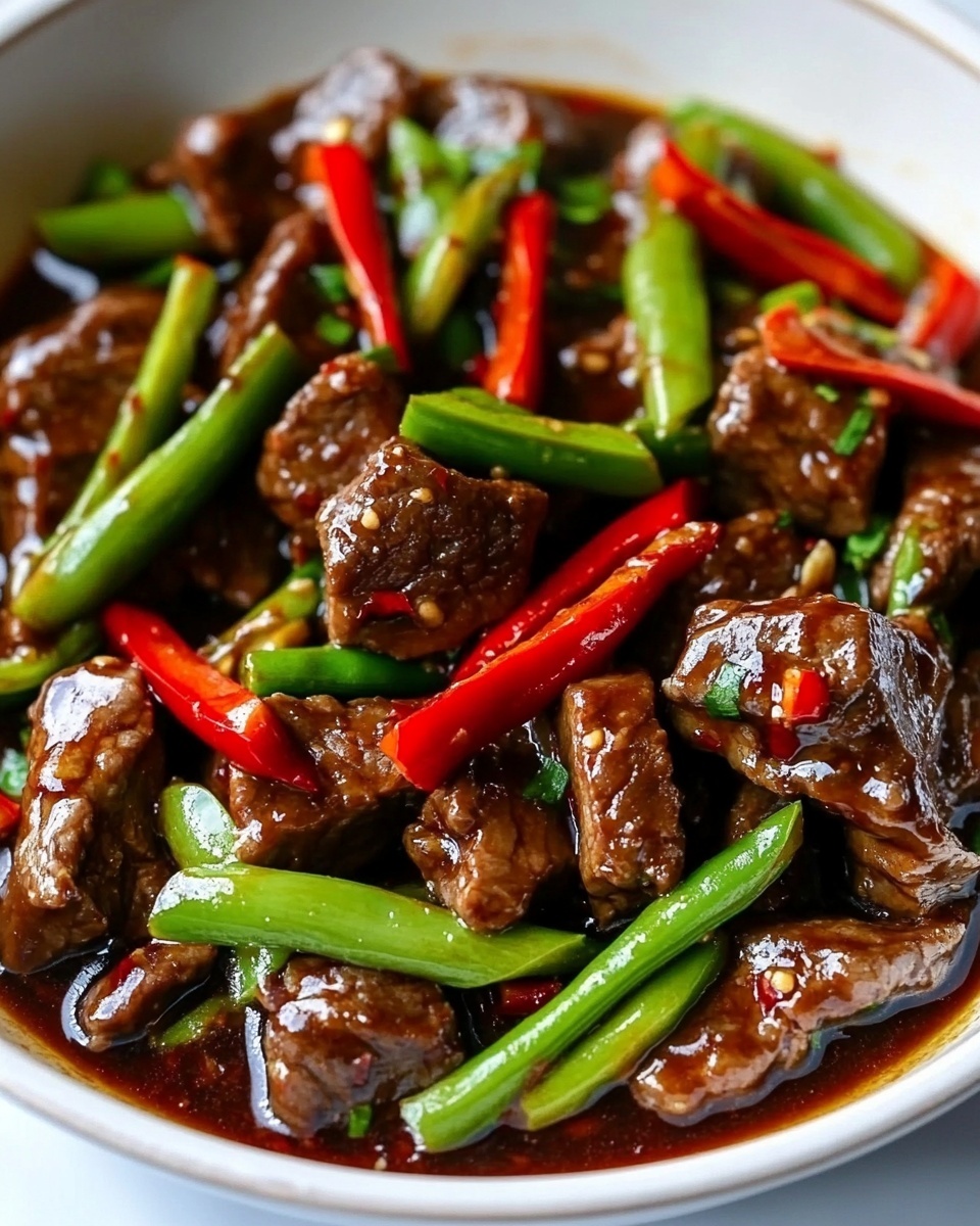 A close-up view of a dish in a white bowl with blue patterns on its edge, filled with pieces of dark brown cooked meat coated in a shiny sauce, mixed with bright red and green bell pepper strips that add contrast and freshness. A wooden spatula is lifting some of the ingredients, showing the texture of the meat and peppers. The background is a white marbled texture. photo taken with an iphone --ar 4:5 --v 6.1