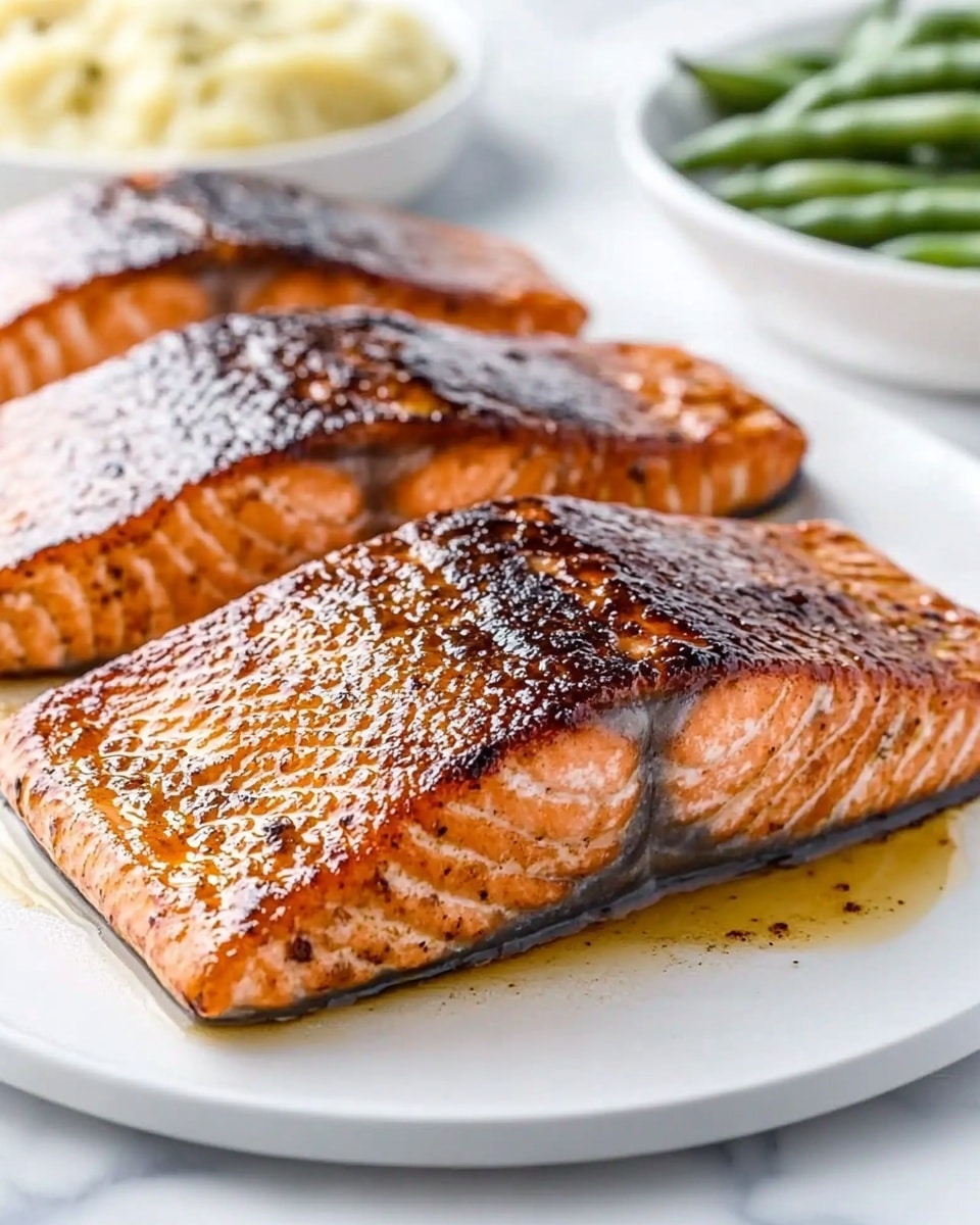 The image shows three cooked salmon fillets placed side by side on a foil-lined baking tray. Each fillet has a dark, slightly crispy spice layer on top with a glossy finish, contrasting with the lighter, orange-pink flesh beneath. The baking tray rests on a white marbled surface, and a red basting brush with a wooden handle lies to the left side of the tray. In the background, there is a white square dish with a brown sauce and a gold spoon nearby. The scene is bright and clean, emphasizing the rich colors of the salmon. photo taken with an iphone --ar 4:5 --v 6.1