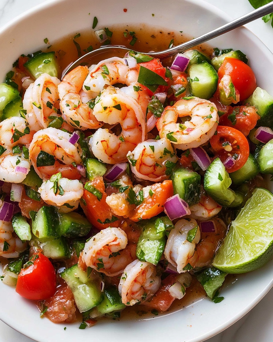The image shows a white bowl filled with a colorful shrimp salad. The bottom layer is a light brown juice or dressing, covering the base of the bowl. On top, there are many small shrimp with a pale pink color and a firm texture, spread evenly across the bowl. Mixed with the shrimp are bright green diced bell peppers and cucumber pieces that add crunch and freshness. There are also small chunks of red cherry tomatoes and bits of purple onion scattered throughout, along with finely chopped green herbs sprinkled all over. A quarter slice of lime sits on the edge of the bowl, adding a fresh accent. A silver spoon is resting inside the bowl, slightly submersed in the dressing, and a woman's hand is holding the bowl gently at the bottom. The dish is set on a white marbled surface. photo taken with an iphone --ar 4:5 --v 6.1