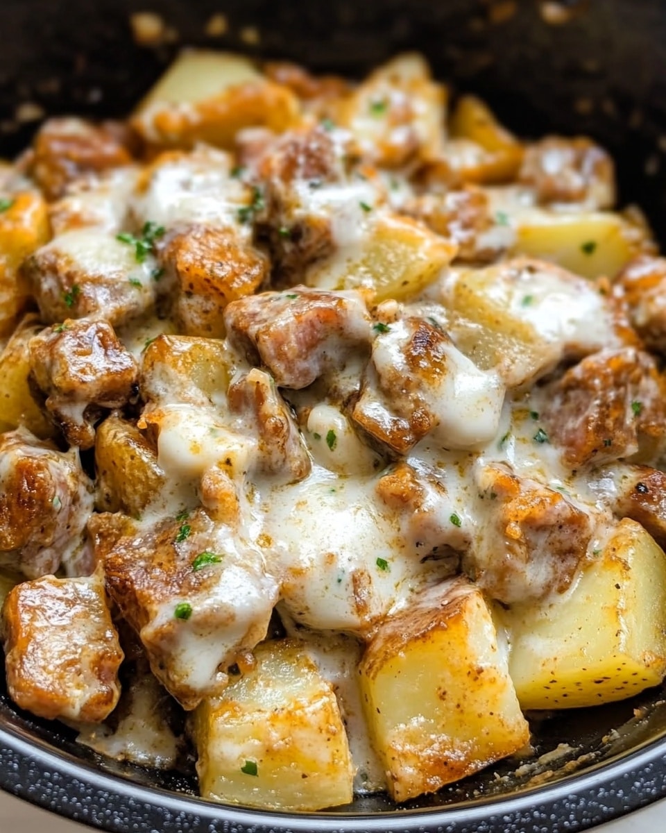 The dish shows a thick layer of small, unevenly chopped potatoes cooked in a cast iron skillet. The potatoes are golden brown with some white melted cheese spread irregularly over the top, giving a creamy texture. Some bits of the potatoes have a slightly darker color showing a roasted finish. The skillet is dark and contrasts with the warm tones of the potatoes and creamy cheese. The background is a white marbled texture. photo taken with an iphone --ar 4:5 --v 6.1