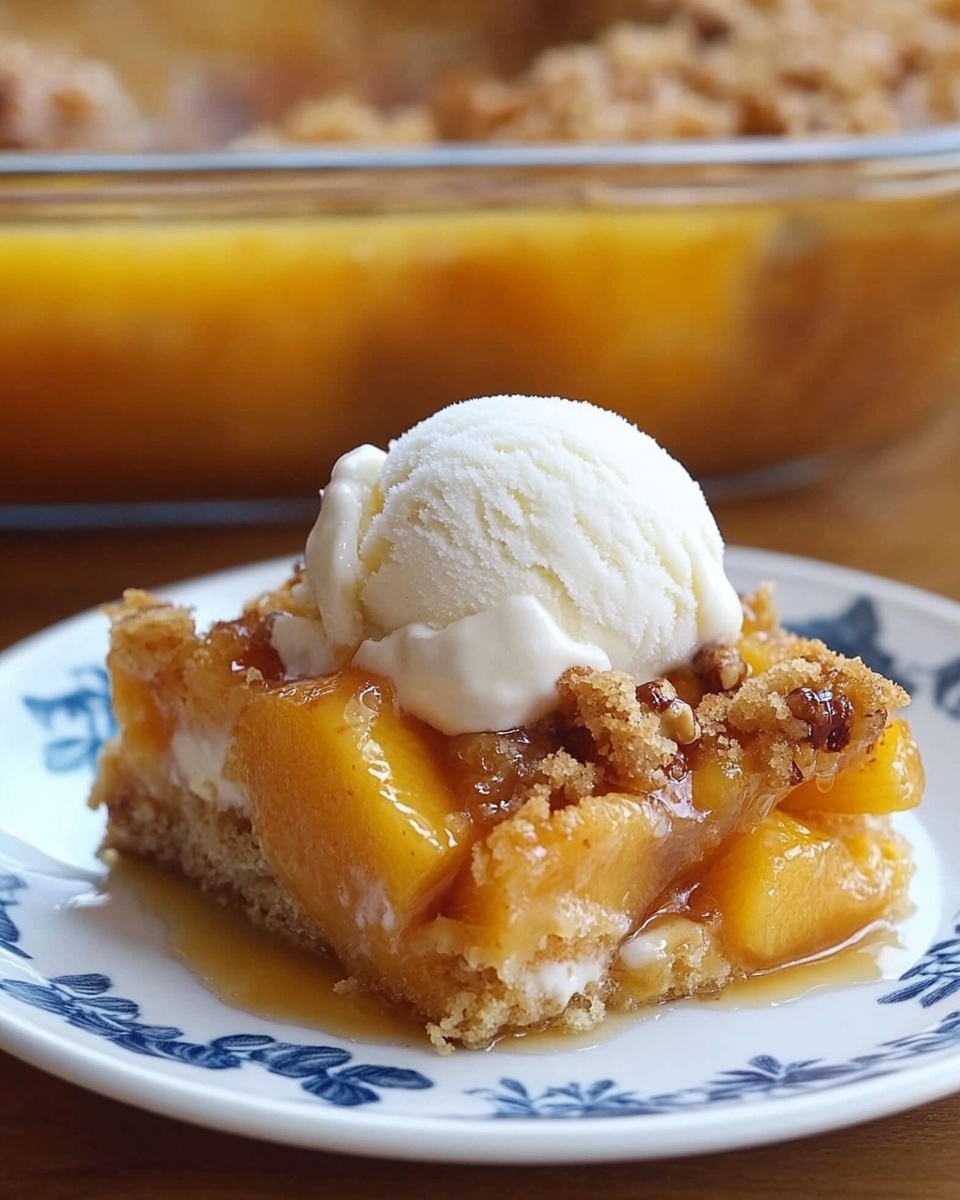 A white plate holds a square piece of peach cobbler with three visible layers: a soft, moist bottom layer with chunks of bright orange peaches soaked in syrup, a middle layer of thick, golden-brown crumbly cake, and a top layer with crunchy brown nut pieces scattered unevenly. On top of the cobbler is a smooth, round scoop of white vanilla ice cream slightly melting and blending into the dessert. In the background, a clear glass baking dish filled with the rest of the cobbler can be seen. The setting has a white marbled surface. Photo taken with an iphone --ar 4:5 --v 6.1