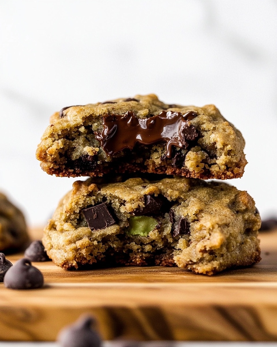 The image shows a close-up of three stacked cookies resting on a wooden surface, with a white marbled background. The bottom cookie is thick and rough-textured, light brown in color with visible dark chocolate chunks and small green flecks embedded in it. The middle layer is a cookie broken in half, showing a moist, crumbly interior with dark chocolate chips and green bits spread throughout. The top cookie piece is similarly broken, revealing a soft texture with melted dark chocolate chips on the surface, adding a shiny touch. The overall look is rustic and homemade. Photo taken with an iphone --ar 4:5 --v 6.1