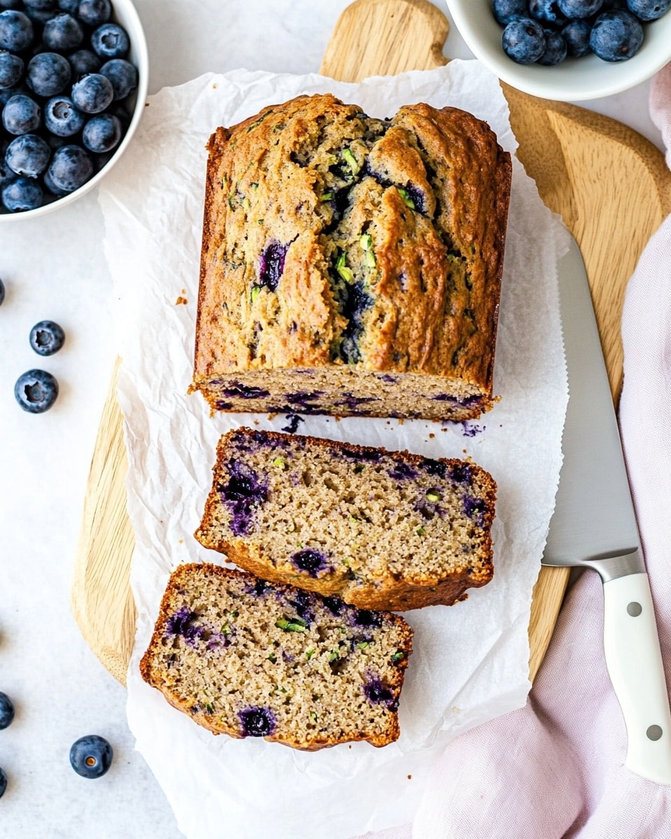 A loaf of blueberry bread is sliced into four pieces, stacked slightly overlapping on a wooden board with white parchment underneath. The bread is golden brown with dark blue blueberries scattered inside and some visible on the crust. To the side, a slice is placed on a white plate with a textured edge. Fresh blueberries are spread around the board and on a white marbled surface. A light beige cloth is draped beside the bread along with a knife featuring a silver blade and a light cream handle. A white bowl filled with fresh blueberries sits partially visible in the bottom right corner. Photo taken with an iphone --ar 4:5 --v 6.1