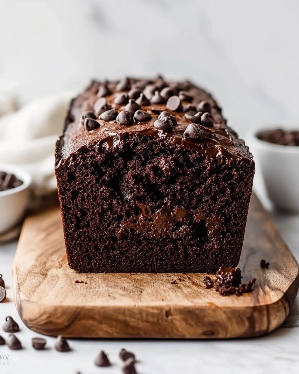 This image shows a single loaf of dark chocolate bread on a brown wooden board placed on a white marbled surface. The bread has a dense, moist texture with a rich dark brown color, and there are small chocolate chips scattered throughout the top and inside layers. The loaf has a slightly rough crust while the inside looks soft and full of chocolate pieces. In the background, there is a blurred light green cloth and some green vegetables. Photo taken with an iphone --ar 4:5 --v 6.1
