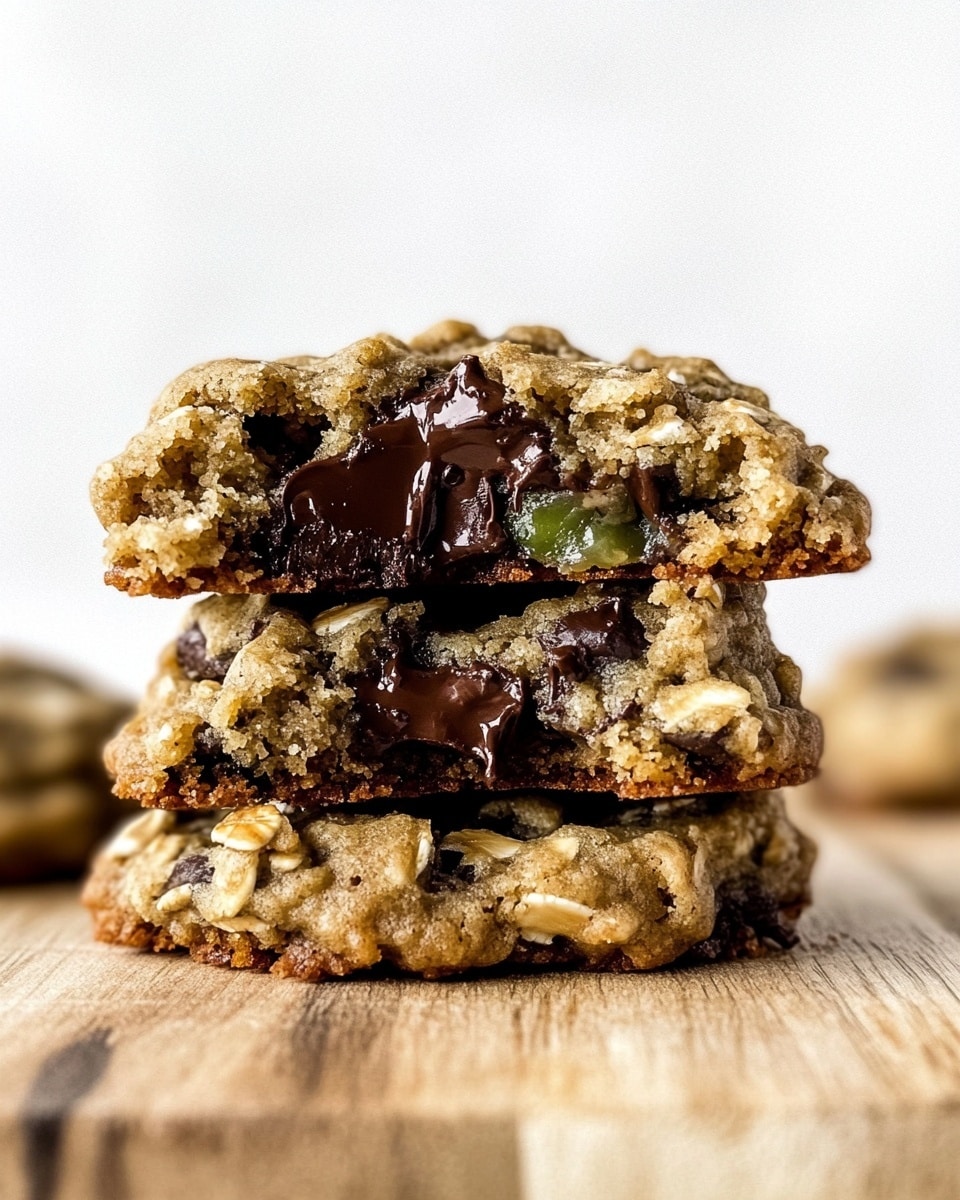 A cooling rack holds eleven round oatmeal cookies with a rough texture and a golden brown color. Each cookie is dotted with dark chocolate chips and small green bits, adding a speckled look. The cookies show irregular shapes and a chunky surface with visible oats. The rack is placed on a white marbled surface, and a soft green napkin lies beside it. The photo taken with an iphone --ar 4:5 --v 6.1