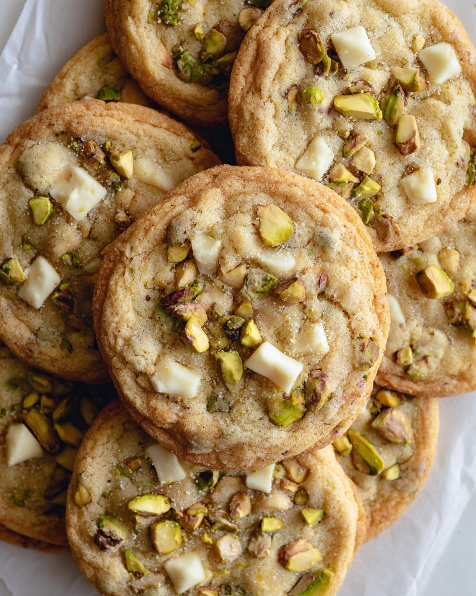 A close-up view shows a pile of thin, round cookies with a light golden-brown color. Each cookie's top layer is sprinkled with uneven pieces of pistachios in shades of green and brown, and chunks of white chocolate scattered across the surface. The cookies have a slightly cracked texture, giving a crisp look, and they rest on white parchment paper over a white marbled surface. The cookies overlap randomly, creating a layered stack. The photo taken with an iphone --ar 4:5 --v 7