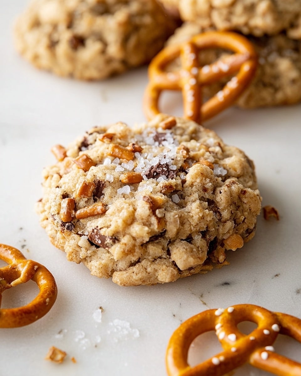 A thick, round cookie sits on a white marbled surface, showing a rough texture with visible pieces of brown chocolate and small pretzel bits embedded throughout. The cookie has a light golden-brown color with a sprinkle of coarse white salt on top. Near the cookie, there are a few whole golden-brown pretzels with a shiny surface and salt dots. In the background, slightly out of focus, more cookies with similar texture and colors are visible. photo taken with an iphone --ar 4:5 --v 7