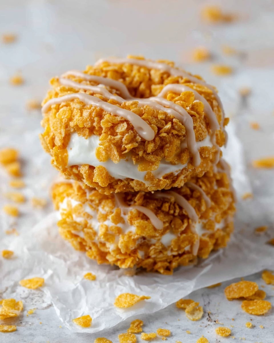A close-up of a piece of crispy rice treat held by a woman's hand with white nail polish, showing clear texture layers of golden cereal bits bound with a white marshmallow-like layer beneath, topped with thin drizzle lines of light brown peanut butter sauce creating a wavy pattern on the top. The background features soft-focus similar treats on a white marbled surface. photo taken with an iphone --ar 4:5 --v 7