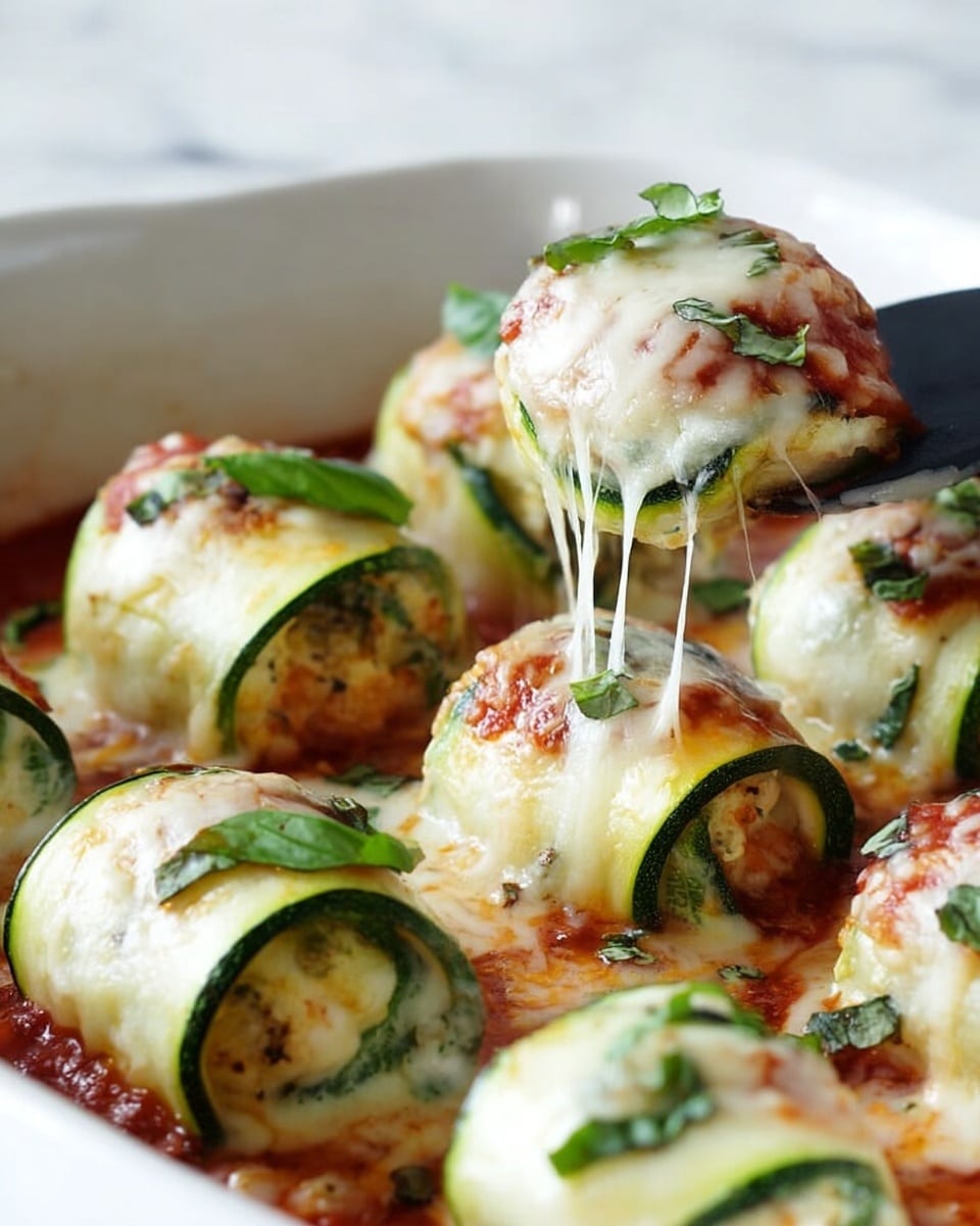 The image shows several green zucchini rolls placed in a white dish on a white marbled surface. Each roll is made of thinly sliced zucchini wrapped around layers of creamy white cheese and green herbs. The rolls are topped with melted white cheese that is softly browned and slightly stringy, with some red tomato sauce visible underneath. Fresh green basil leaves are scattered on top of the rolls. One roll is being lifted by a black utensil, showing stretchy melted cheese connecting it to the dish. Photo taken with an iphone --ar 4:5 --v 7