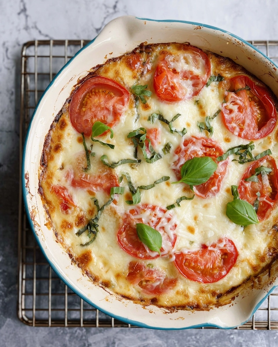 A baked dish in a white ceramic round pan with a light blue inside rim showing some brown baked spots, layered with roasted red tomato slices on top, melted golden and white cheese covering the tomatoes and parts of the dish, and garnished with fresh green basil leaves scattered on top. The dish's texture looks creamy and slightly browned from baking, with strands of shredded cheese visible. It is placed on a wire rack on a white marbled surface. Photo taken with an iphone --ar 4:5 --v 7