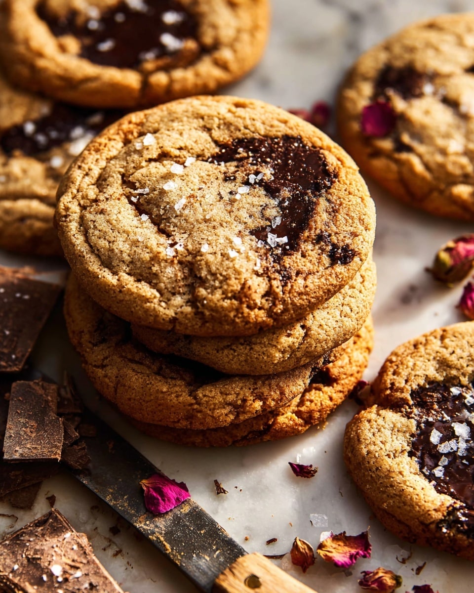 A close-up view of five cookies stacked and overlapping each other on a white marbled surface, each cookie showing a golden-brown color with darker brown spots where melted chocolate chunks are visible on top. The cookies have a slightly rough texture with cracks on the surface, and flakes of sea salt are sprinkled evenly across them, adding white specks. Near the cookies, there is a vintage cleaver with a worn wooden handle, lying flat on the surface with some chocolate pieces and dried rose petals beside it. The warm lighting highlights the rich texture and color contrast of the cookies and background photo taken with an iphone --ar 4:5 --v 7