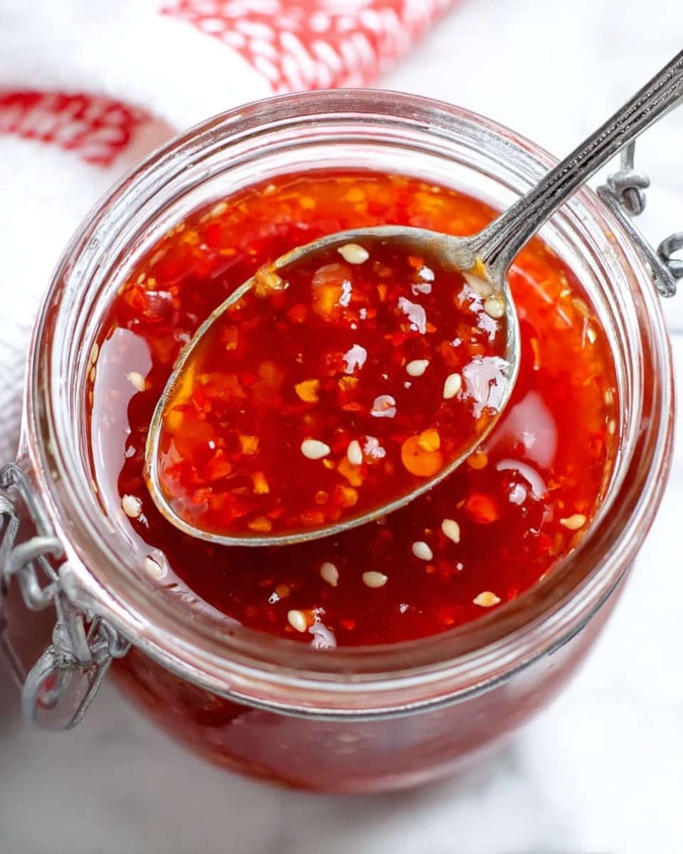 The image shows a clear glass jar filled with a bright red sauce that has small white and dark red seeds and bits floating inside. A silver spoon is dipping into the sauce, resting inside the jar, showing the sauce's thick, shiny texture. The jar is placed on a white marbled surface with part of a red and white cloth visible near the top left corner. The sauce looks smooth and glossy, with visible small seed pieces spread evenly throughout. photo taken with an iphone --ar 4:5 --v 7