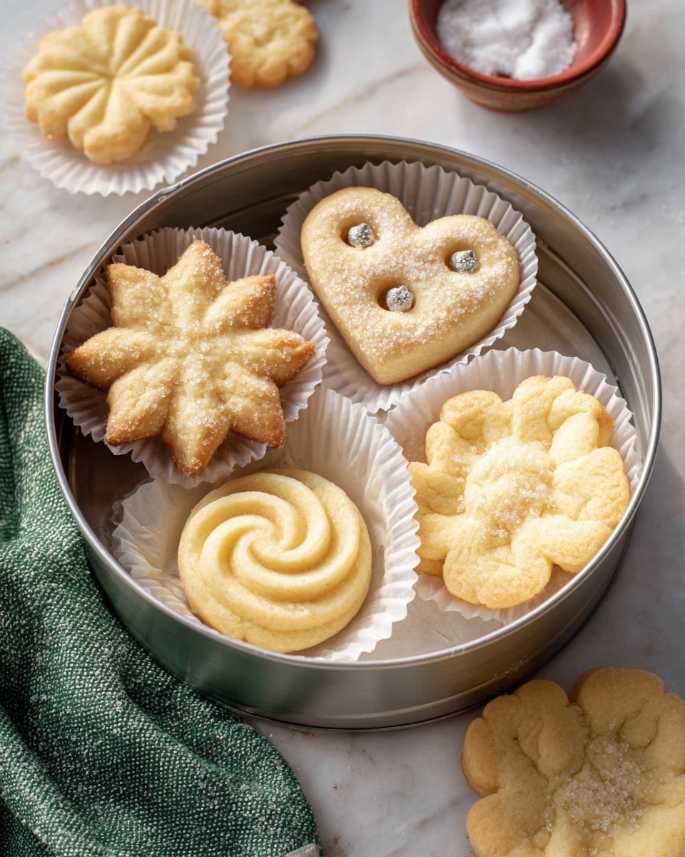 A round metal tin filled with five different pale golden cookies, each placed in white paper liners. Starting from the top, there is a heart-shaped cookie with three small holes in the middle and sparkling sugar crystals on top. To the left, a flower-shaped cookie with a star-like pattern, slightly browned at the edges. Below it, a swirl-shaped cookie with ridged edges and a smooth texture. At the bottom center, a round cookie with a smooth swirl pattern and sugar crystals sprinkled on top. To the right, a flower-like cookie with thick, petal-like edges and a soft texture. The tin is set on a white marbled surface with a green cloth and a small round bowl of sugar nearby. Additional cookies in white liners are partly visible around the tin. photo taken with an iphone --ar 4:5 --v 7