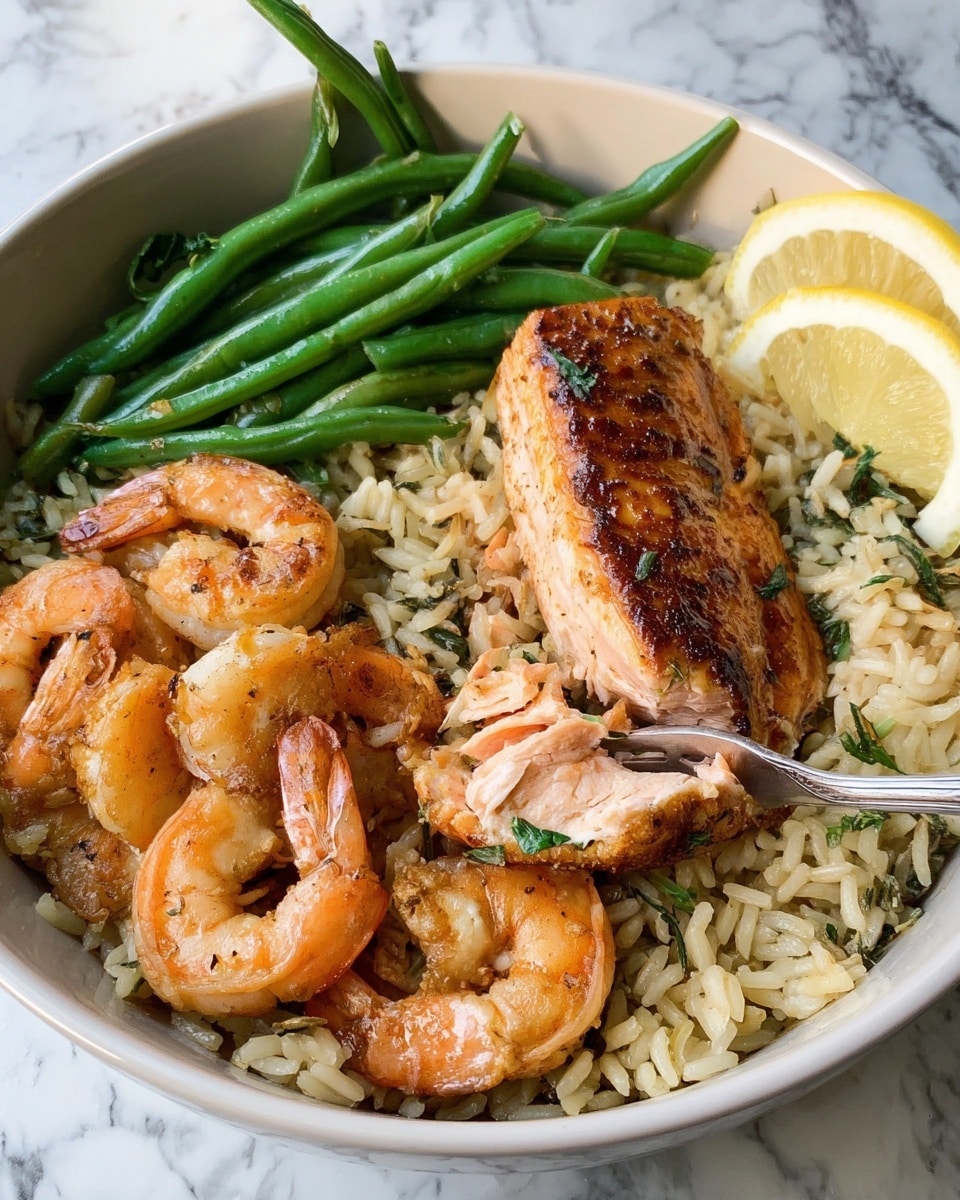 A white bowl filled with a base layer of light brown rice mixed with small green herbs, topped with a large grilled salmon fillet that is golden brown with a slightly crispy texture and flakes visible where a piece has been taken with a fork. Surrounding the salmon are several bright orange cooked shrimp arranged around the edges. To the right side of the bowl, there is a pile of shiny green beans with visible grill marks, and a thin round slice of lemon rests on top near the green beans. A fork with a silver handle is placed into the rice near the salmon, and the whole scene is set on a white marbled surface. Photo taken with an iphone --ar 4:5 --v 7