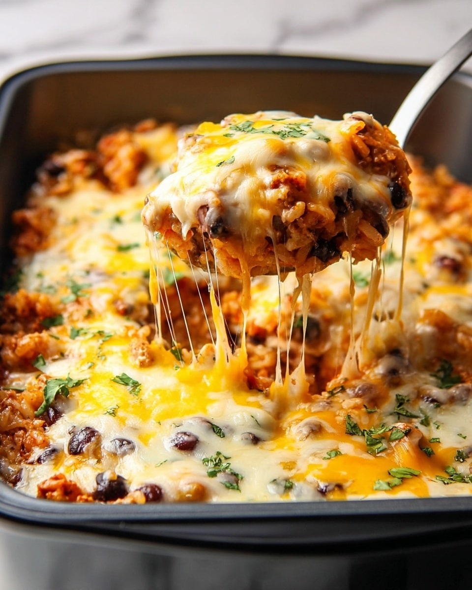 A close-up of a serving spoon lifting a scoop of cheesy casserole from a black slow cooker filled with a mix of melted white and yellow cheese layered on top of a tomato-based mixture with black beans and chunks of soft orange vegetables, garnished with small green herb pieces scattered across the layers, the cheese stretching as it is lifted. The slow cooker sits on a white marbled surface. Photo taken with an iphone --ar 4:5 --v 7