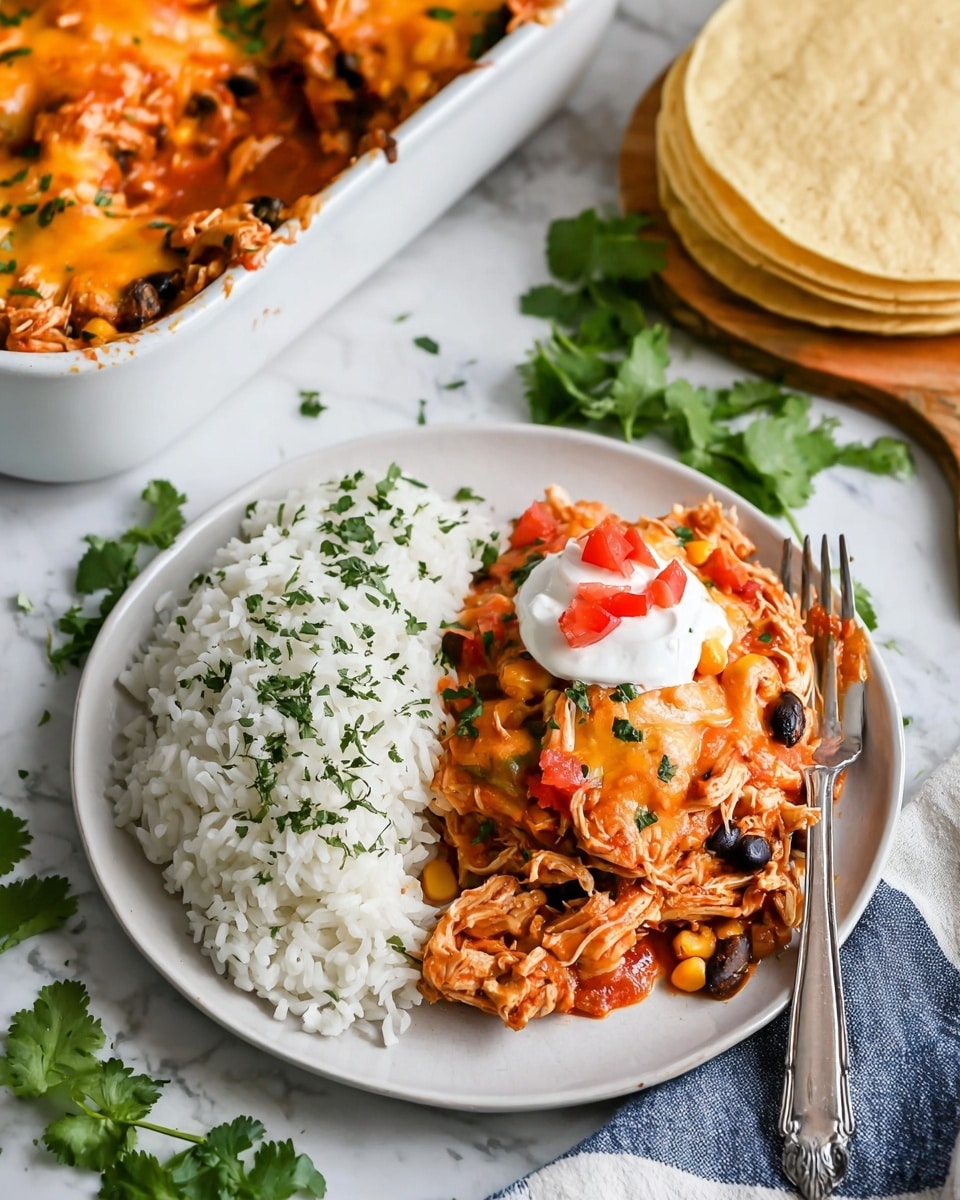 A white round plate holds two main layers: one side has a mound of white rice sprinkled with small green herb pieces, while the other side features a colorful mix of shredded chicken, black beans, yellow corn, and orange cheese sauce topped with a dollop of white sour cream and small red tomato pieces with green herbs scattered on top. A silver fork rests on the right edge of the plate. At the top left, a white baking dish shows more of the shredded chicken mix with melted orange cheese, black beans, and corn. To the upper right, a stack of white tortillas is placed on a wooden board. Fresh green cilantro leaves are laid between the plate and the baking dish on a white marbled surface. photo taken with an iphone --ar 4:5 --v 7