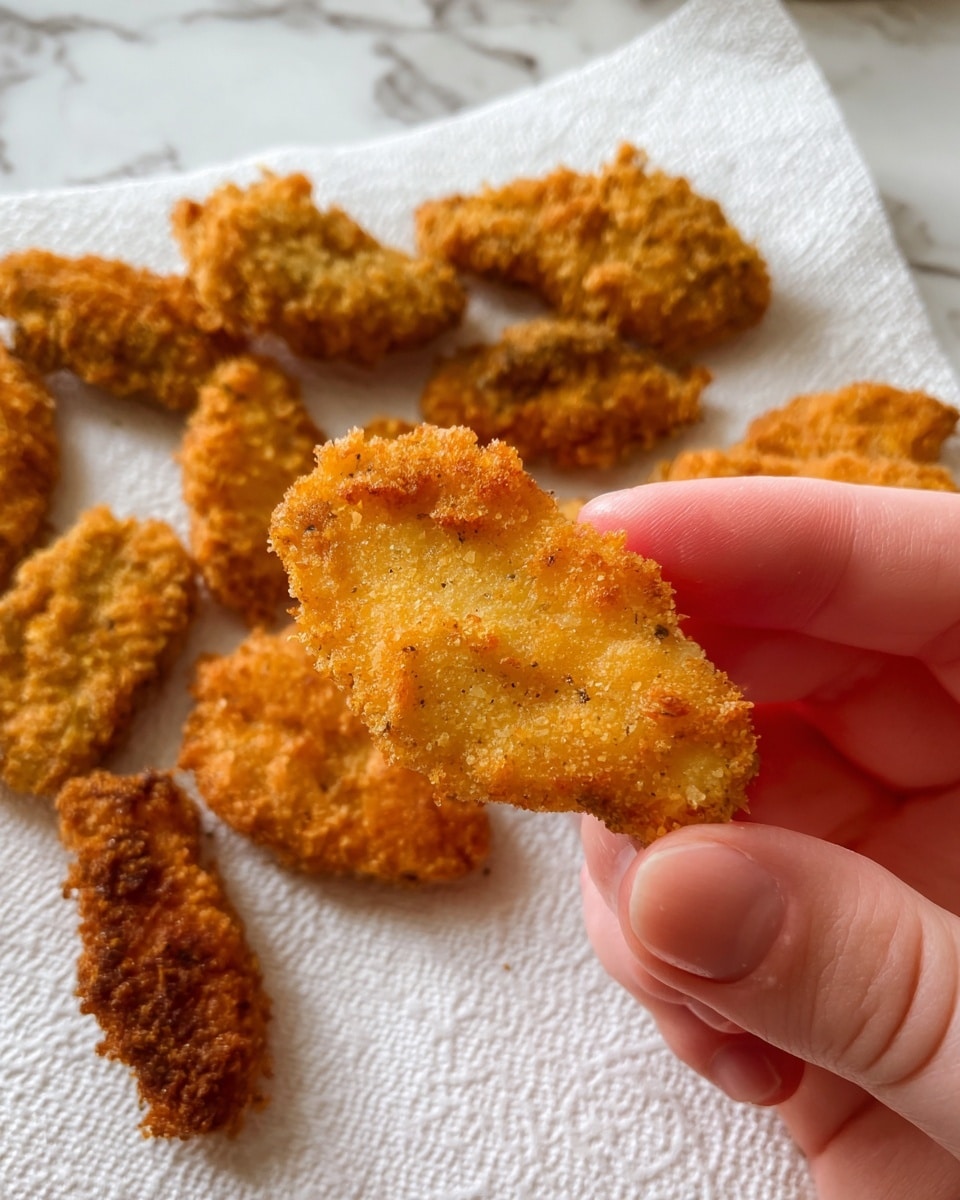 A close-up of two woman's hands holding a crispy, golden-brown fried piece of food shaped like a strip, with a rough and crunchy texture. Below, there are several more pieces of similar fried food resting on a white paper towel that absorbs oil, showing various shapes with a darker, crunchier coating. The setting has a white marbled texture surface partly visible and natural light highlighting the shiny, fried crust of the food. photo taken with an iphone --ar 4:5 --v 7