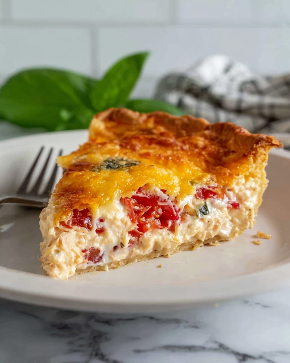 A slice of pie sits on a white plate, showing four clear layers. The bottom layer is a light brown, crumbly crust. Above that is a pale, creamy layer mixed with small bits of chicken and green herbs. The middle layer is made of bright red tomato pieces. The top layer is a golden, bubbly melted cheese with a slightly browned, crispy surface. In the background, a fork and a green basil leaf add detail on a white marbled surface. Photo taken with an iphone --ar 4:5 --v 7