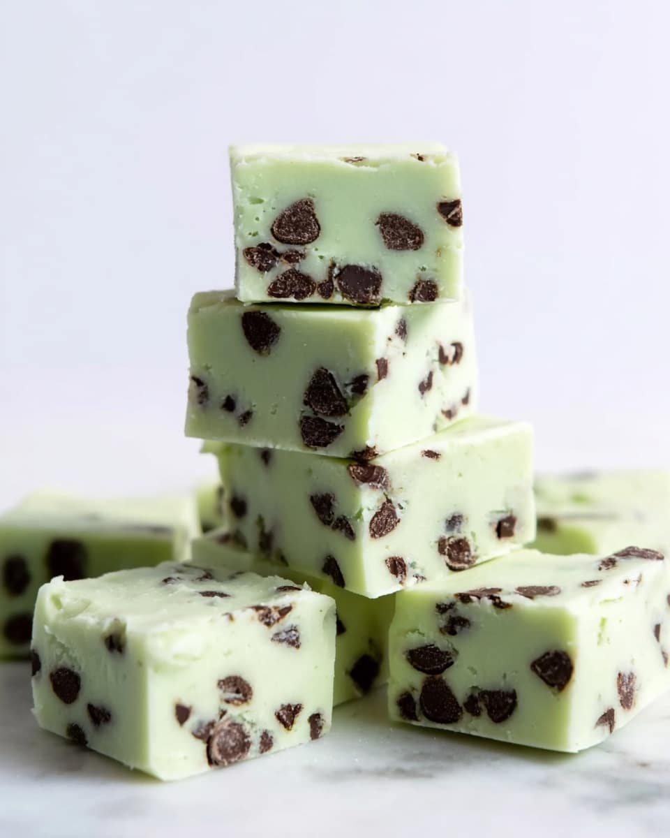 The image shows a stack of five square pieces of light green fudge with dark chocolate bits spread evenly inside. Three pieces are stacked vertically in the center, and two pieces lie flat beside the stack, all on a white marbled surface. The fudge pieces have smooth edges and a creamy texture with small chocolate chunks scattered throughout, making a contrast between the pale green and dark brown colors. The background is plain white, giving the fudge a clean and fresh look photo taken with an iphone --ar 4:5 --v 7