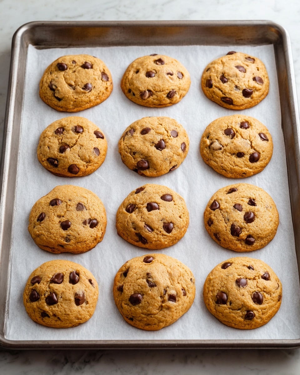 The image shows a baking tray holding twelve freshly baked chocolate chip cookies arranged in three rows of four. Each cookie is golden brown with a slightly rounded shape and dotted with numerous dark chocolate chips, some slightly melted and resting on the cookie surface. The cookies sit atop a sheet of white parchment paper which covers the metal tray. The background is a white marbled texture. photo taken with an iphone --ar 4:5 --v 7