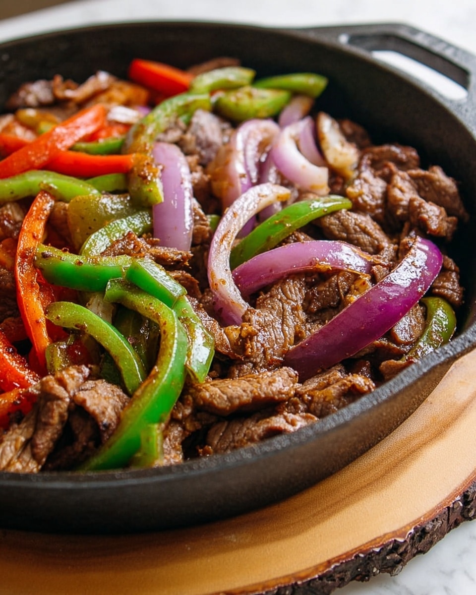 A close-up view of a black cast iron pan filled with three main layers: the bottom layer has bright red and green bell pepper strips scattered evenly, the middle layer features slices of purple onions with a slight shine, and the top layer consists of browned, tender slices of cooked meat with a slightly crispy texture. The pan sits on a round wooden board with a natural bark edge, and the whole setup is on a white marbled surface. Photo taken with an iphone --ar 4:5 --v 7