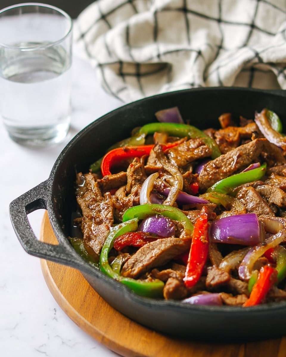 A black cast iron pan filled with cooked strips of brown meat mixed with sautéed red and green bell pepper slices and purple onion pieces, all slightly glossy from cooking oils, sitting on a round wooden board on a white marbled surface. In the background, there is a clear glass of water and a white cloth with black check patterns. The scene looks bright and natural. photo taken with an iphone --ar 4:5 --v 7