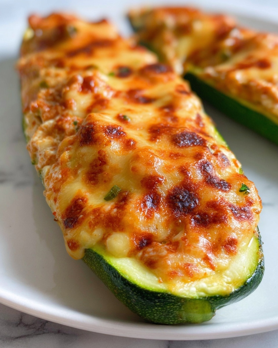 The image shows a close-up of two zucchini halves filled with a thick, creamy mixture and topped with a layer of golden brown melted cheese. The zucchini is cut lengthwise, with the green edge of the skin visible at the bottom, providing a fresh green contrast to the warm orange and brown hues of the baked filling. The cheese layer has a bubbly and slightly crispy texture with darker spots where it has browned more. The zucchini boats are placed on a white plate set on a white marbled surface. photo taken with an iphone --ar 4:5 --v 7