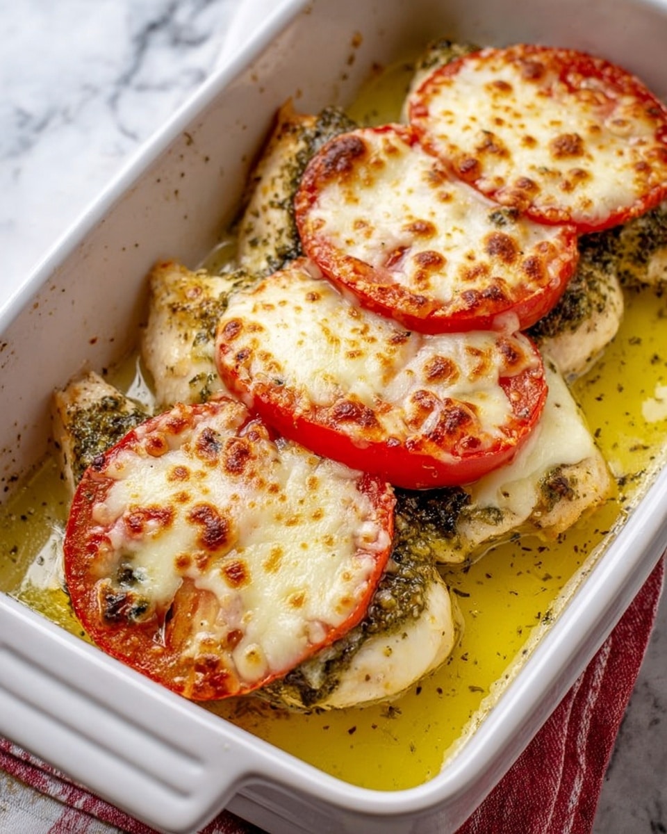 The image shows a white baking dish filled with four pieces of cooked chicken topped with layers. Each piece has a base of white chicken, a layer of green herbs or pesto, a thick slice of bright red tomato in the middle, and a golden brown melted cheese layer on top with some browned spots. The dish is surrounded by a pool of yellow oil or butter. The background is a white marbled surface with a bit of a red and white cloth visible under the baking dish. Photo taken with an iphone --ar 4:5 --v 7