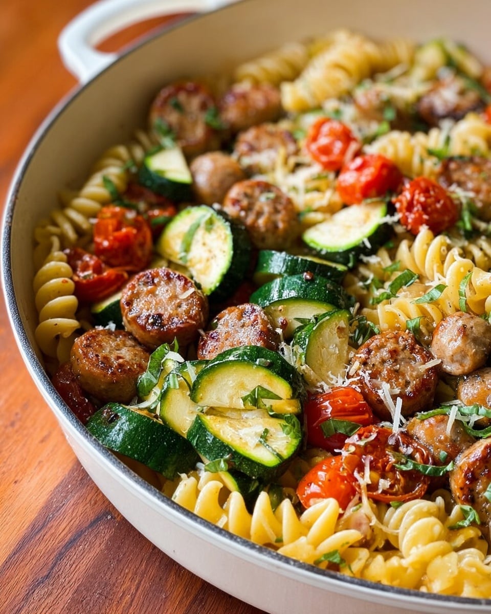 A white pot filled with short, wavy pasta mixed with slices of green zucchini, halved red cherry tomatoes, and round browned sausage pieces all evenly spread throughout. The pasta is light golden with some sprinkled grated cheese on top, scattered fresh green herbs add extra color. The pot is on a dark wooden surface, next to a black spoon holding more grated cheese and a green zucchini is placed nearby. A white cloth with blue patterns is partially visible in the upper corner. Photo taken with an iphone --ar 4:5 --v 7