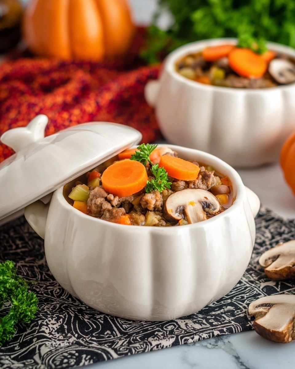 A white pumpkin-shaped pot filled with soup is centered on a white marbled surface, with its lid leaning backward. The soup shows several layers: large orange carrot slices on top, whole brown mushrooms, small chunks of light green celery, minced meat scattered throughout, and some green parsley leaves as garnish. Two white bowls in the background also have the same soup with similar visible layers, sitting on a simple cloth with a black and white print. In the far background, there are some red and orange textured cloths and green leafy herbs. photo taken with an iphone --ar 4:5 --v 7