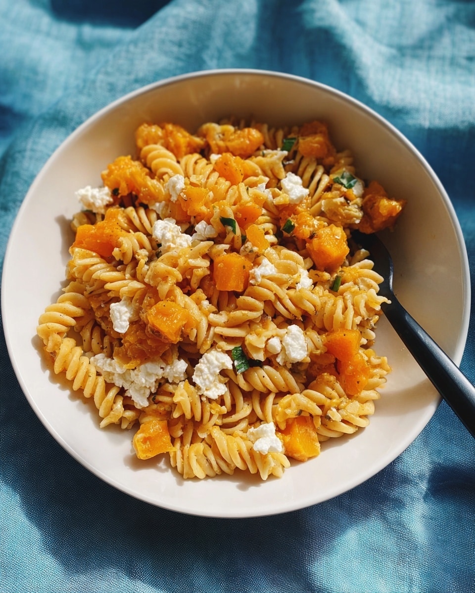 A white bowl filled with spiral pasta mixed with chunks of orange squash and scattered dollops of white cheese. The pasta and squash are coated in a light sauce that adds a slightly glossy texture. Small green herb pieces are sprinkled throughout, adding a bit of color contrast. A black fork rests inside the bowl, and the bowl is placed on a blue cloth with a soft texture. The background shows the cloth clearly, with a hint of natural light creating gentle shadows. Photo taken with an iphone --ar 4:5 --v 7