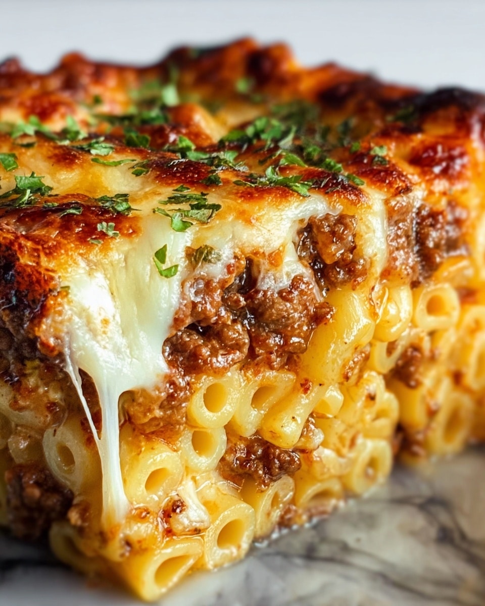 The image shows a close-up of a piece of baked pasta layered dish with at least four visible layers: the top layer is golden brown melted cheese with some fresh green herbs sprinkled on top, beneath it is a layer of baked yellow pasta tubes mixed with browned ground meat, followed by a thick middle layer of creamy, melted white cheese stretching as the slice is lifted, and the bottom layer consists of tender pasta combined with bits of meat. The edges are browned and slightly crispy, adding texture contrast to the soft inside, all placed on a white marbled surface. photo taken with an iphone --ar 4:5 --v 7