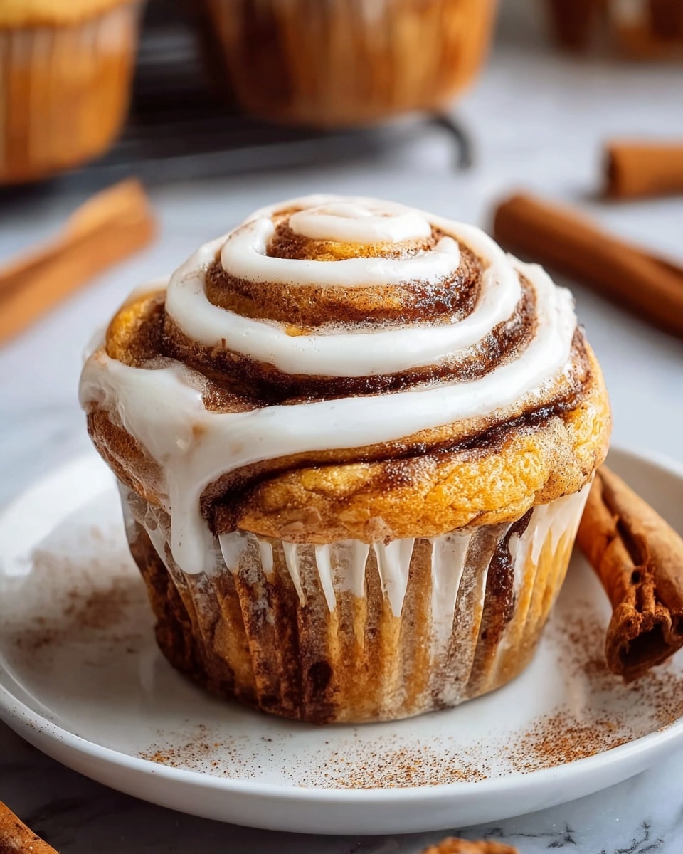 The image shows a close-up view of a cinnamon swirl muffin with three visible layers. The bottom layer is a golden brown muffin base with swirls of darker brown cinnamon running through it, wrapped in a white paper liner with pleats. The middle layer is a slightly domed top with a spiral pattern that highlights the cinnamon swirl, giving a textured look with a golden brown and dark brown mix. The top layer is a white icing drizzled in a spiral shape following the muffin's swirls, slightly thick and creamy in texture. The muffin sits on a simple white plate placed on a white marbled surface with a few cinnamon sticks and a light dusting of cinnamon powder around it in soft focus. Photo taken with an iphone --ar 4:5 --v 7