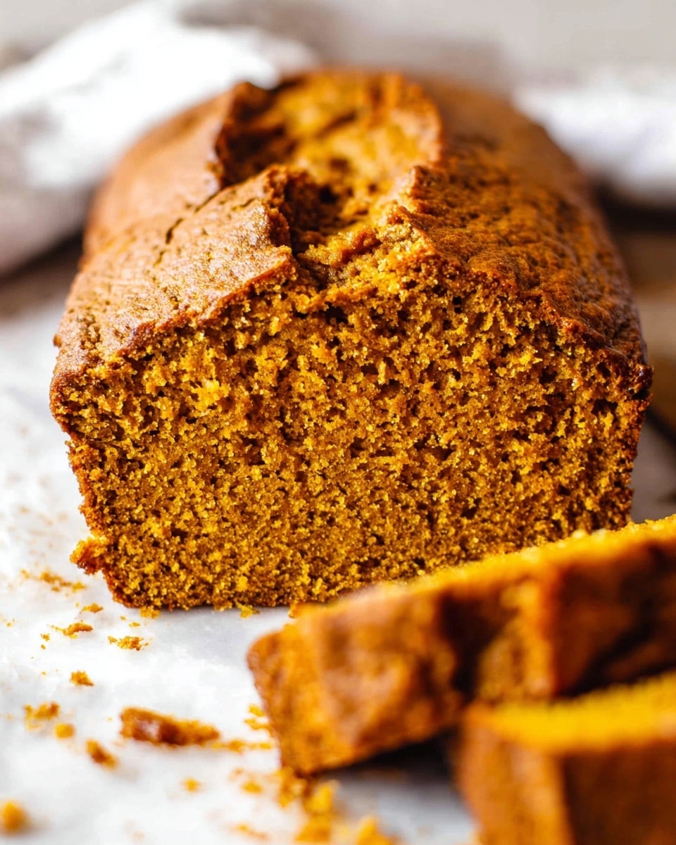A close-up of a loaf of pumpkin bread with a cracked brown crust and a moist, orange-brown inside texture. The bread is sliced, showing the grainy and soft texture of the inside. There are crumbs on the white marbled surface under the bread. The background is softly blurred with light colors, focusing the view on the bread. photo taken with an iphone --ar 4:5 --v 7