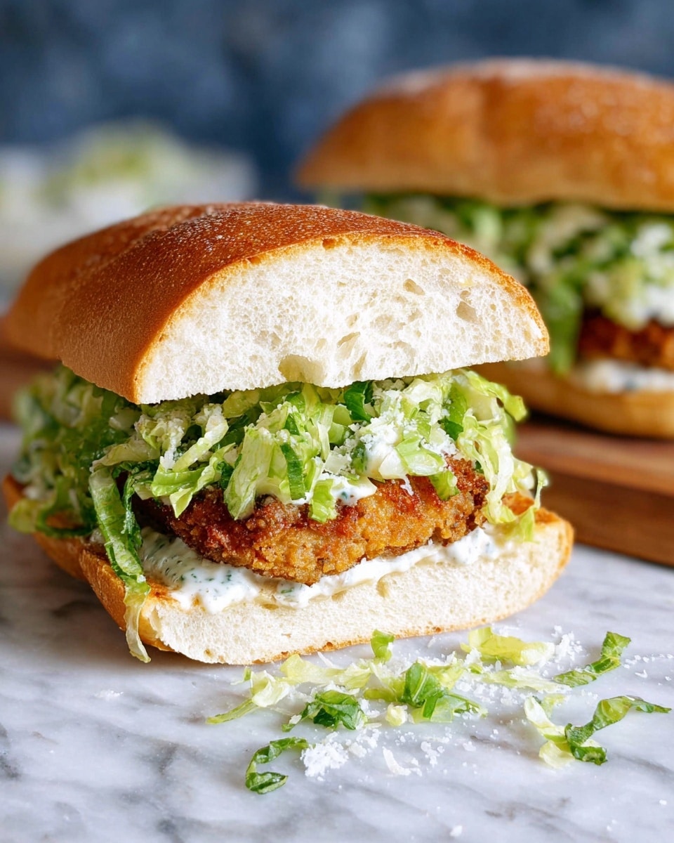 A sandwich on a white crusty roll is shown, cut in half with one piece in front and one blurred behind. The sandwich has three layers: the bottom layer is the white bread roll, the middle layer is a crispy golden-brown fried patty, and the top layer is fresh green lettuce mixed with a creamy white dressing. Some small green lettuce pieces and white grated cheese pieces are scattered on the white marbled surface below the sandwich. Photo taken with an iphone --ar 4:5 --v 7