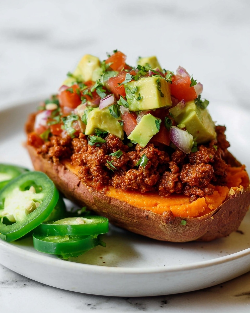 A halved sweet potato with its deep orange flesh forms the base layer, resting on a white plate on a white marbled surface. On top of the sweet potato is a thick layer of seasoned ground meat, rich brown and crumbly in texture. Above the meat is a fresh, chunky salsa made of diced green avocado, red tomato, and white onion, all speckled with bits of chopped green herbs. Slices of bright green jalapeño peppers lay beside the sweet potato on the plate. The colors are vivid and the textures contrast from soft to crisp. Photo taken with an iphone --ar 4:5 --v 7
