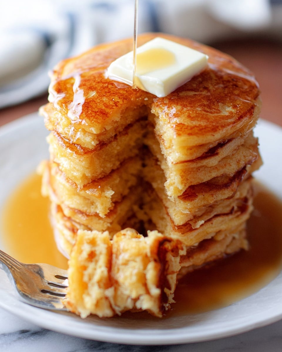A tall stack of seven golden brown pancakes sits on a white plate, bathed in a pool of amber syrup. Each pancake layer is fluffy and slightly textured with small air bubbles visible. On top of the stack is a square of melting butter, slowly dripping down the sides. In the foreground, a silver fork held by a woman's hand lifts a bite-sized piece of the pancake, with a bit of butter and syrup clinging to it. The setting is on a white marbled surface, softly lit with a warm and cozy feel. photo taken with an iphone --ar 4:5 --v 7