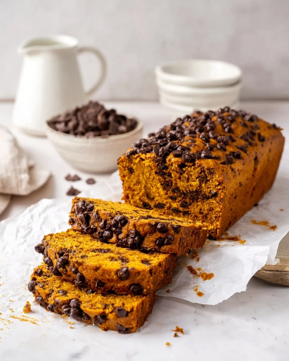 A rectangular chocolate chip loaf cake with a dark brown, rough textured crust fully covered on top with small, round chocolate chips. The loaf sits on a white parchment paper which rests on a cooling rack, placed on top of sheets of old music paper over a white marbled surface. Scattered chocolate chips lie around the cake and the table. A serrated knife with a dark wooden handle is positioned lying flat at the left side of the loaf. In the blurred background, there are stacked white bowls on the right and a white pitcher next to a soft, beige cloth on the left. Photo taken with an iphone --ar 4:5 --v 7