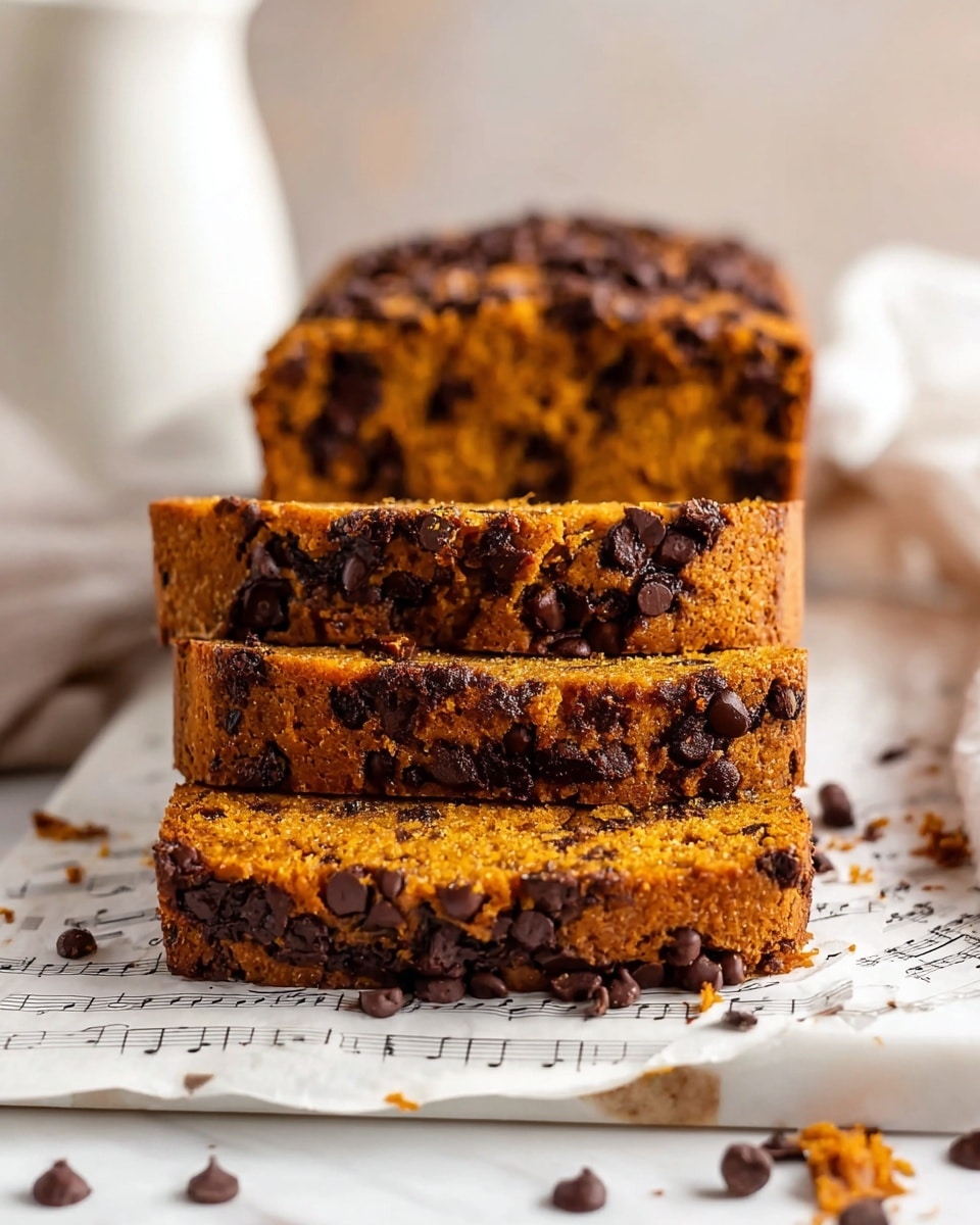 A loaf of chocolate chip pumpkin bread sits on a white marbled surface with three slices cut and laid in front, showing a moist, orange cake filled with dark chocolate chips. The top of the loaf and slices are covered in melted, shiny chocolate chips, giving a textured, rich look. Some chocolate chips are scattered artfully around the bread on the white marbled surface and a piece of sheet music paper under the slices. The background is softly blurred white items, making the orange bread and dark chips stand out clearly. Photo taken with an iphone --ar 4:5 --v 7