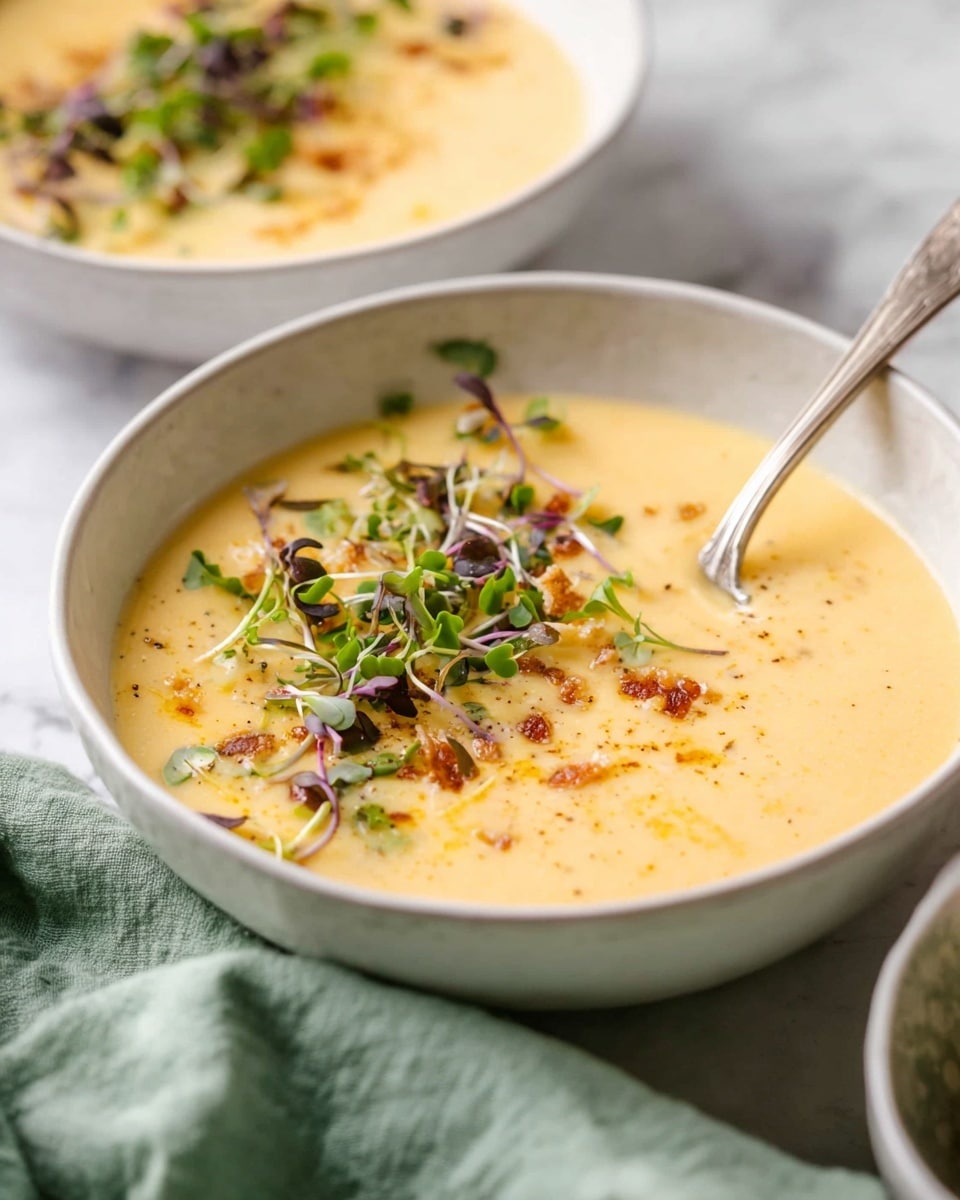 Three white bowls hold smooth creamy yellow soup, each topped with small green and purple microgreens and tiny brown crumbs scattered unevenly on the surface. One bowl is centered with a spoon resting inside, creating a slight swirl in the soup. The bowls are placed on a white marbled surface, with a light green cloth partially visible under one bowl, and a few stray microgreens scattered around. The overall look is fresh, light, and inviting. photo taken with an iphone --ar 4:5 --v 7