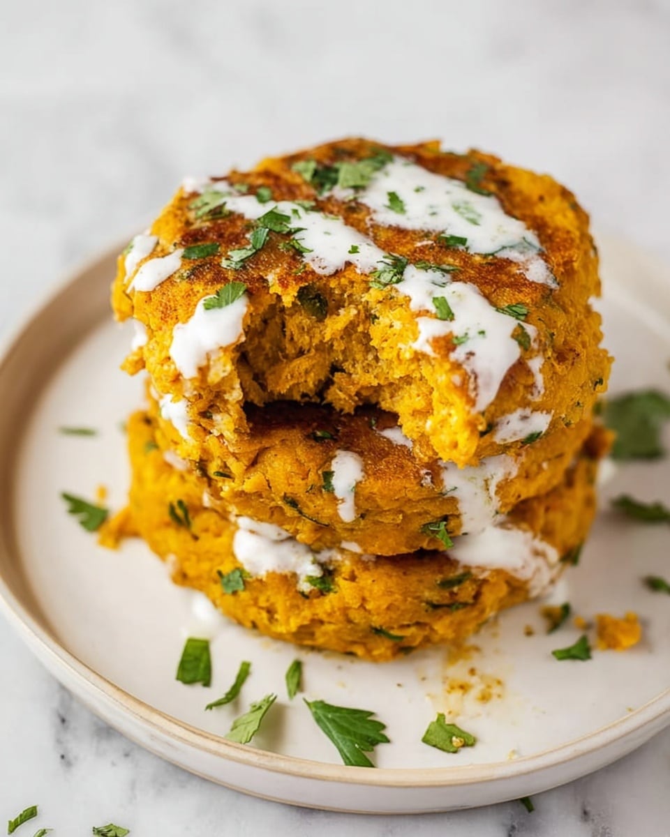 A stack of three golden brown patties with a slightly rough texture, each speckled with green herbs, placed on a round white plate. The top patty has a bite taken out of it, showing a soft and moist inside with an orange color. Dollops of white creamy sauce with small green herb pieces are spread unevenly over the top and sides of the patties. Small green herb leaves are scattered lightly around the plate, set against a white marbled surface. Photo taken with an iphone --ar 4:5 --v 7