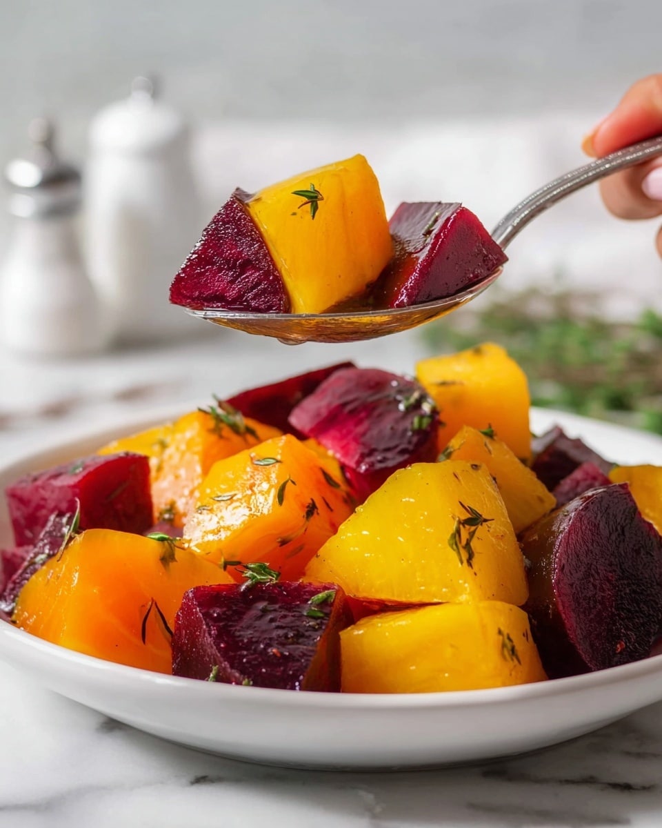 The image shows a white bowl filled with roasted beet cubes in two colors: deep red and bright golden yellow. The beet pieces are cut into medium-sized, irregular cubes with a glossy, slightly oily surface. Small green herb sprigs, likely thyme, are scattered on top and mixed within the beets. A silver spoon holds a close-up of a few beet cubes above the bowl, showing the vibrant colors and details clearly. The background and surface are a white marbled texture, giving a clean and fresh look. photo taken with an iphone --ar 4:5 --v 7