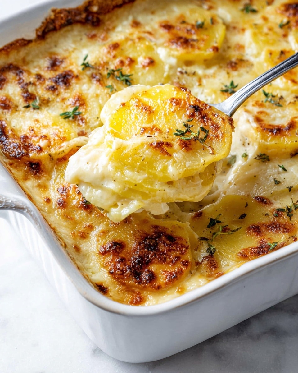 This image shows a close-up of a white rectangular dish with a creamy potato bake inside. The dish has several layers of thin yellow potato slices, covered with melted cheese that is golden brown on top. Small green herb leaves are sprinkled across the cheesy surface. A silver spoon lifts a portion from the dish, showing gooey, creamy layers where the potato and cheese mix. The background is a white marbled texture. Photo taken with an iphone --ar 4:5 --v 7