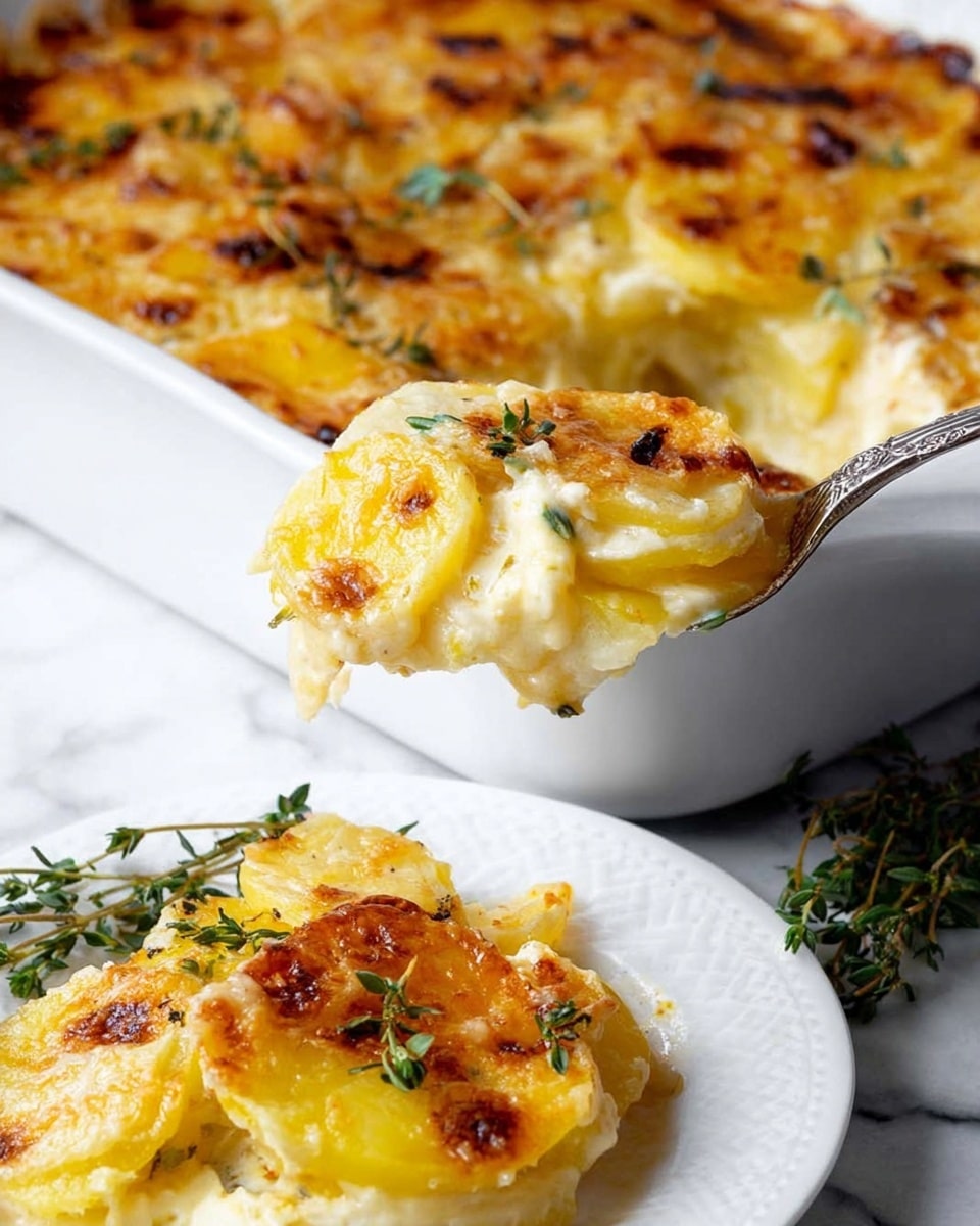 A white baking dish holds a creamy layered potato casserole with golden-brown melted cheese on top, scattered with small green herb leaves. The dish shows several layers of thin yellow potato slices mixed with white creamy sauce. A silver spoon lifts a portion, revealing the soft potatoes and creamy texture inside. In the foreground, part of a white plate is visible with some of the casserole on it, placed on a white marbled surface with sprigs of green herbs nearby. Photo taken with an iphone --ar 4:5 --v 7