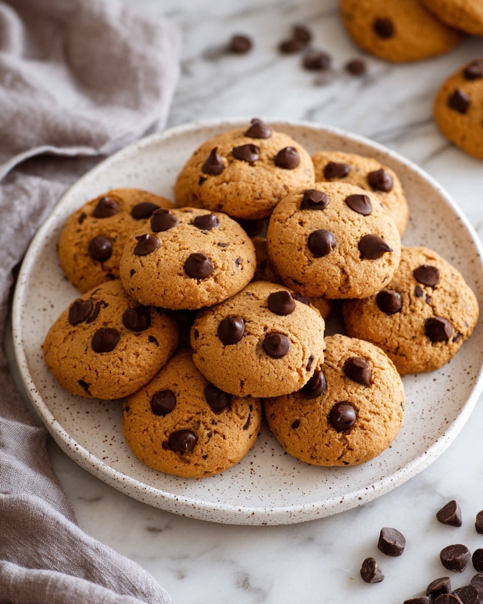 A close-up overhead view of many soft, round chocolate chip cookies arranged closely together on a white marbled surface, each cookie golden brown with a slightly textured surface and dotted with shiny dark brown chocolate chips scattered unevenly; one cookie is broken in half showing a darker, moist interior with melted chips, and the overall look emphasizes the cookies' thick, fluffy texture. photo taken with an iphone --ar 4:5 --v 7