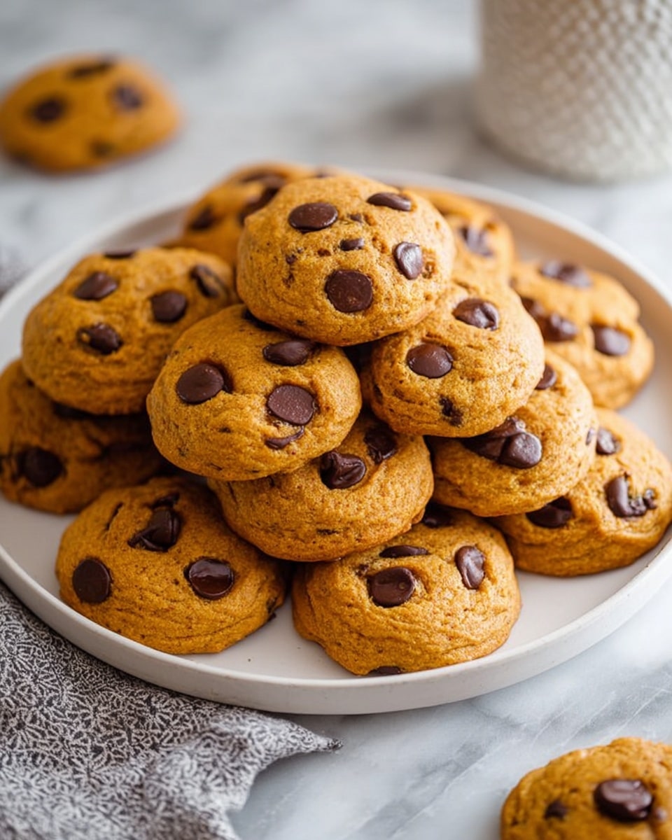 A white plate full of round, golden brown cookies with scattered dark chocolate chips on top, showing a soft, slightly puffy texture. The cookies are stacked closely in a small pile, each cookie having a slightly uneven surface with visible chocolate chips embedded and sticking out. Around the plate, there are a few loose chocolate chips on a white marbled surface, and a gray cloth with white stripes lies to the side. The overall look is warm and inviting, with the cookies being the main focus. photo taken with an iphone --ar 4:5 --v 7